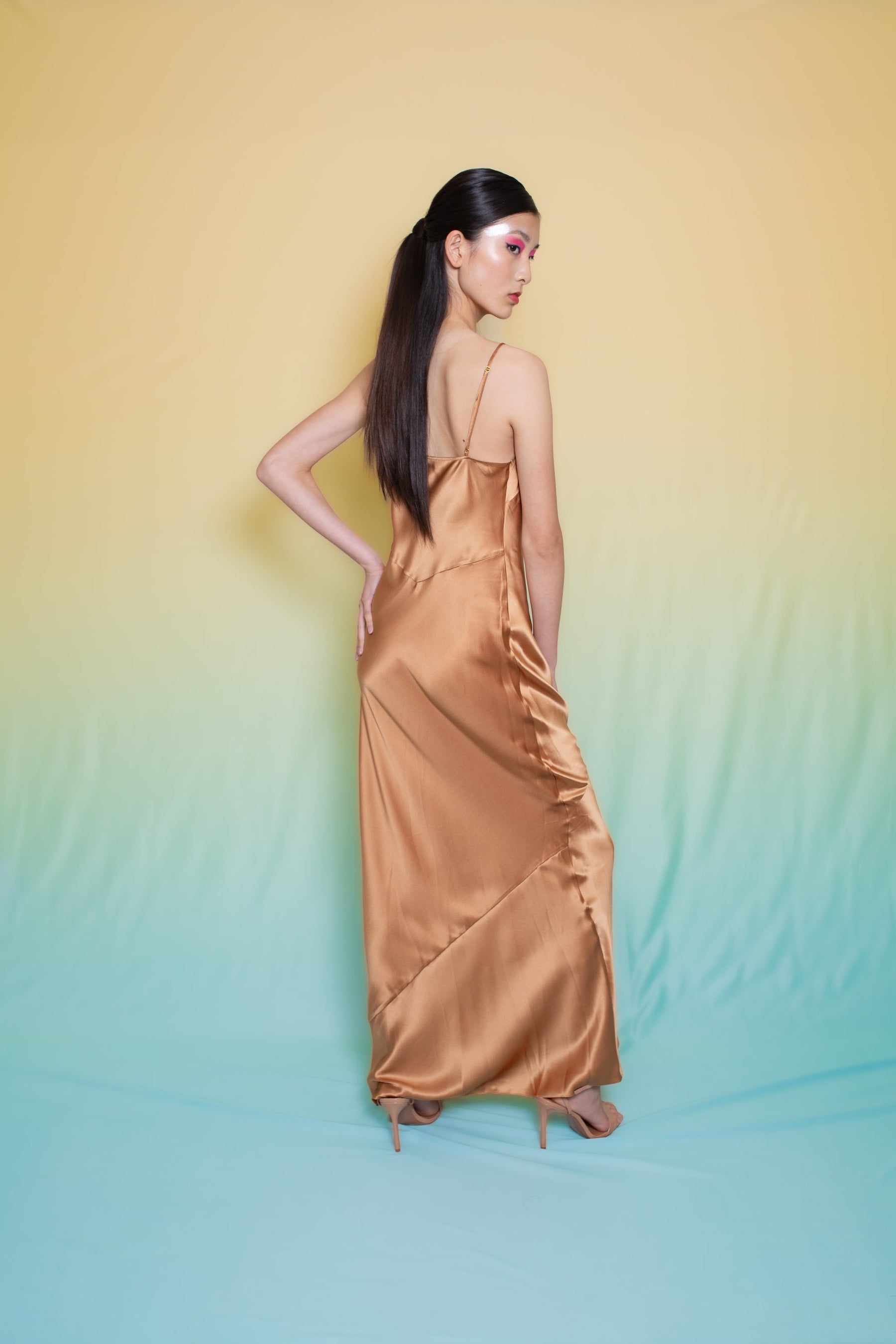 Lotus Bias Cut Silk Slip Dress Toffee