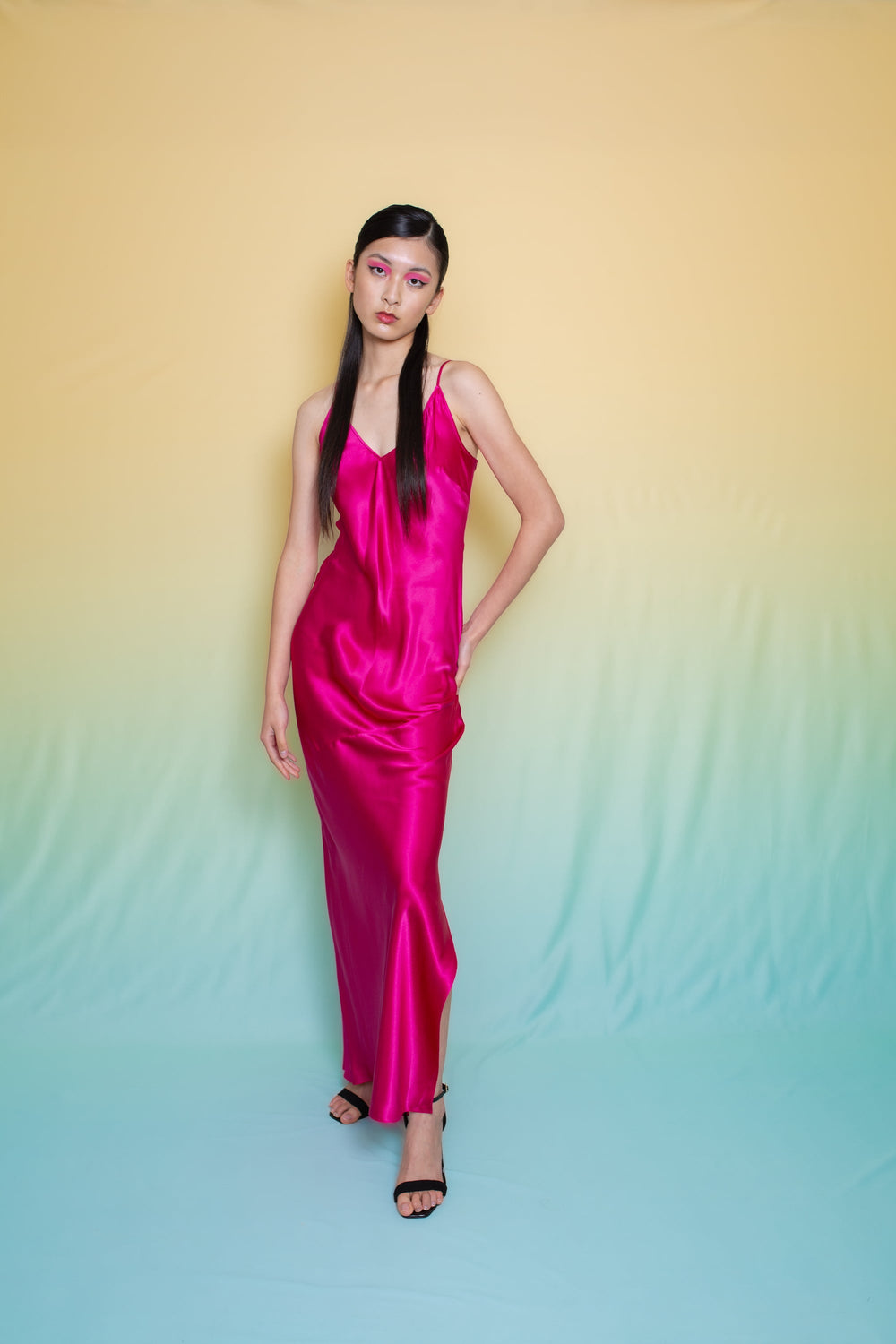 Lotus Bias Cut Silk Slip Dress Fuscia