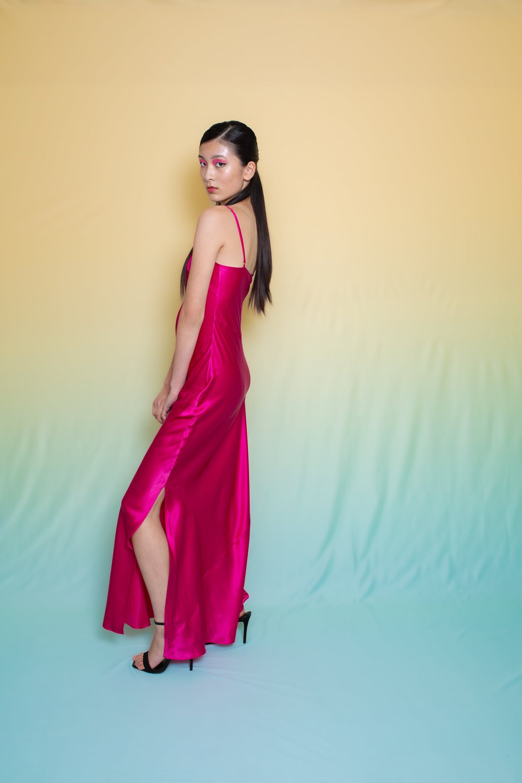 Lotus Bias Cut Silk Slip Dress Fuscia