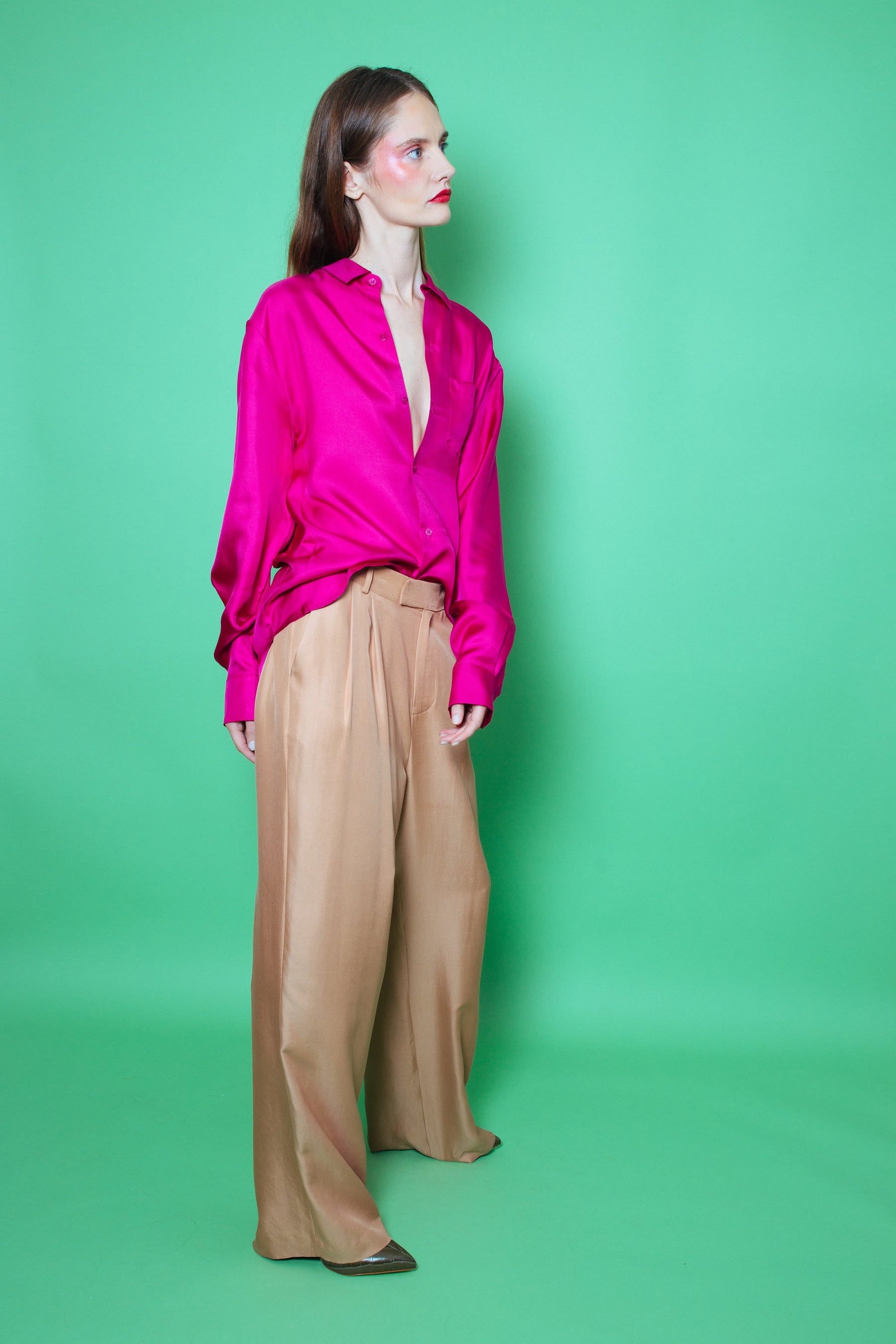 Ruben Long Sleeve Silk Shirt Fuscia 