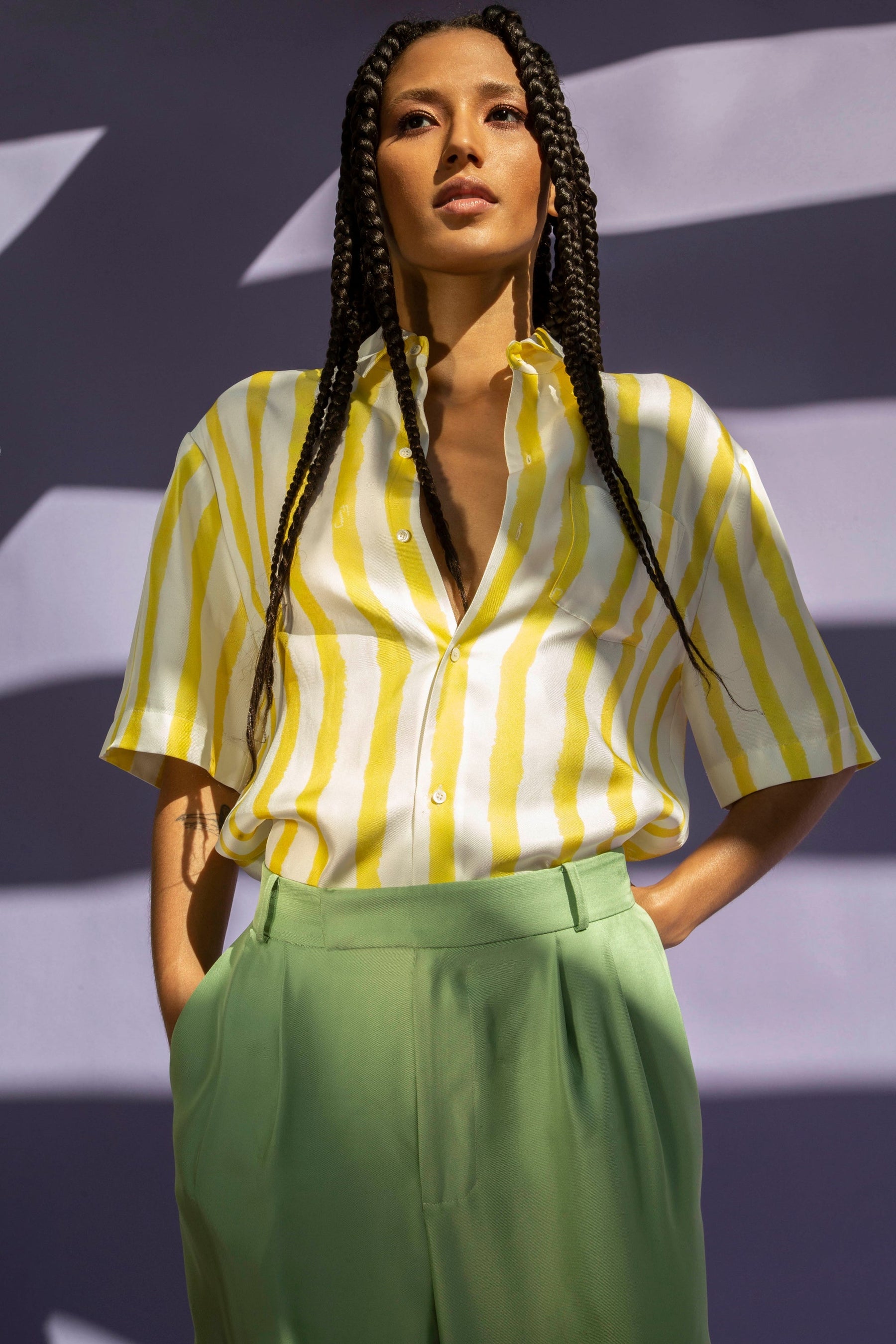 Boyfriend Silk Shirt Yellow Watercolour Stripe